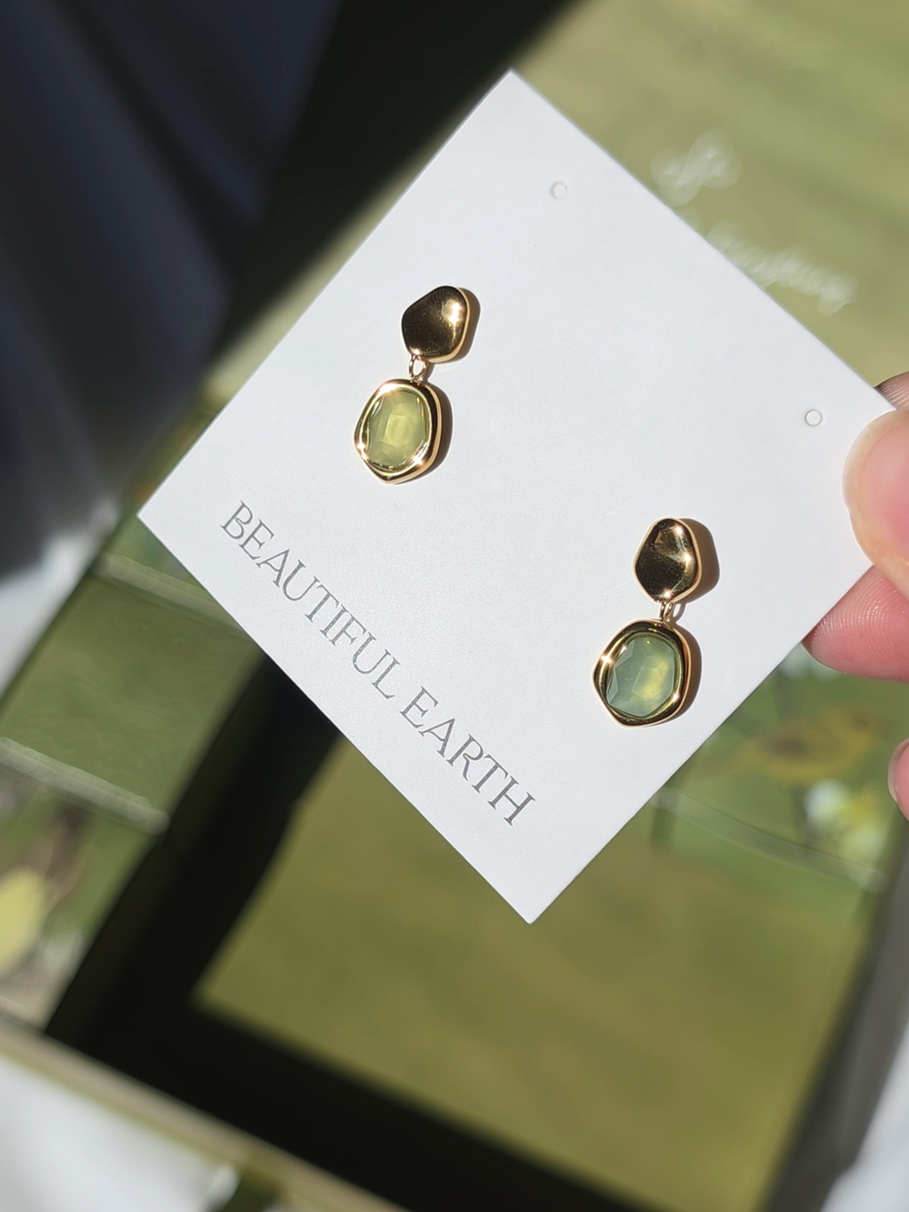 Gold Earrings with Green Glass Drops